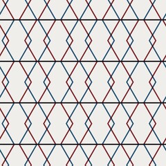 Fototapeta premium Seamless abstract geometric pattern in flat red blue black white. High quality illustration. Abstract design of red and blue overlaid to form a modern attractive abstract seamless surface design.