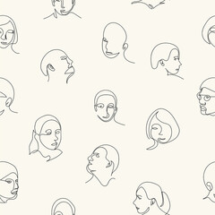 Seamless white and black pattern with women and men faces in abstract one  line graphic style. Hand drawn vector. Abstract face drawn with one  line.