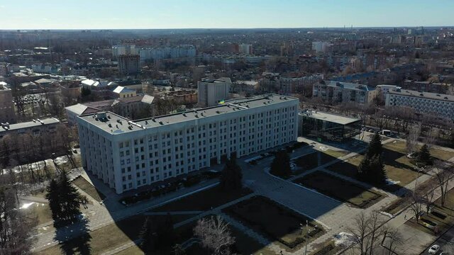 Europe, Poltava, Ukraine - March 2021: Aerial view of the city. Sights of the city from above. Regional State Council building (ODA)
