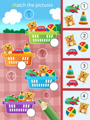 Naklejka premium Matching game, education game for children. Puzzle for kids. Match by elements. Baskets with toys. Worksheet for preschoolers