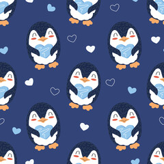 Seamless pattern with penguin and heart. Kids vector background for wallpaper, postcards and wrapping paper