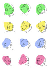 Women and men portrait in abstract one line graphic style. Hand drawn vector. Abstract face drawn with one line on multicolored abstract shapes 