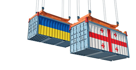 Freight containers with Georgia and Ukraine flag. 3D Rendering 