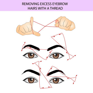 Removing Excess Eyebrow Hair With Thread, Eyebrow Guide, Vector Illustration, Training Materials