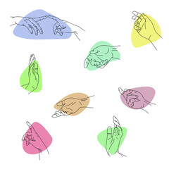 Hand drawn hand in simple minimalistic line art style. Vector Illustration of hands of different gestures on multicolored abstract shapes. Lineart in a trendy minimalist style. Touch 