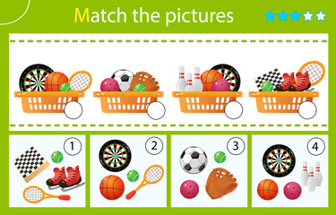 Matching game, education game for children. Puzzle for kids. Match by elements. Baskets with sports equipment. Worksheet for preschoolers
