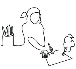 One line drawing of little cute girl together mother drawing at the table at home.
One continuous line drawing of mother and daughter together.