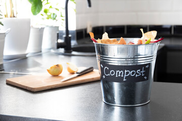 Metal bucket for composting with residue vegetables in modern light kitchen. Recycling concept....