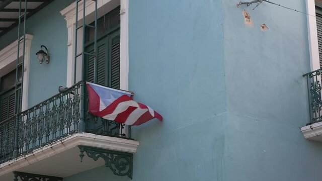Flag of Puerto Rico Waving on Terrace Fence, Downtown San Juan, Umbrella Street, Detail