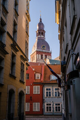 Traditional architecture of Old town of Riga, Latvia. Dome Cathedral. Sunny day.