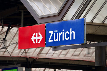 Sign Zurich railway main station. Photo taken March 4th, 2021, Zurich, Switzerland.