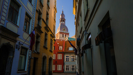 Traditional architecture of Old town of Riga, Latvia. Dome Cathedral. Sunny day.