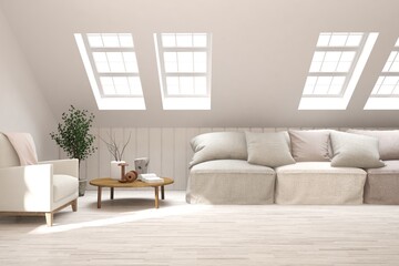 White living room with sofa. Scandinavian interior design. 3D illustration