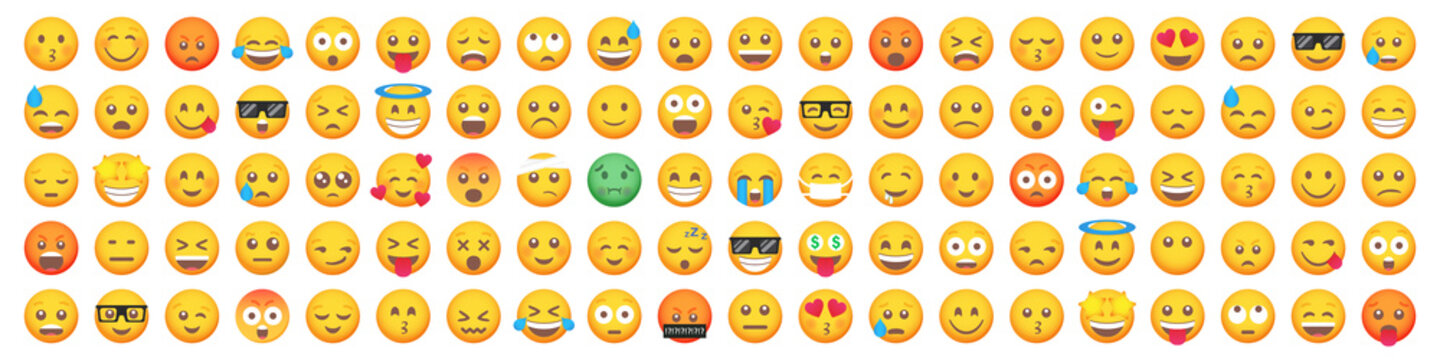 Big Set Of 100 Emoticon Smile Icons. Cartoon Emoji Set. Vector Emoticon Set