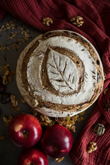Beautiful rye sourdough bread on a table. Homemade bread made of whole grain. Healthy living concept.  
