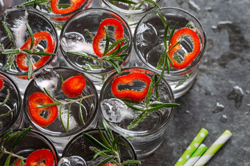 Gläser eisgekühltes Aromawasser mit roter Paprika, Rosmarin und Eissticks stehen auf schwarzem Tablett