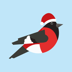 Happy bullfinch isolated on blue background. Sample poster, party invitation, holiday banner, postcard. Vector illustration