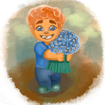 Boy gives flowers cartoon style illustration postcard 