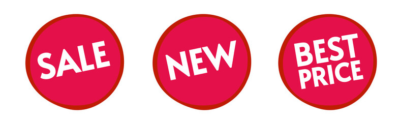 Abstract sale, new and best price labels badge icons vector isolated, product tag banners set red color, concept or marketing special offer stickers clipart for shop or stores