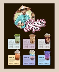 menu design and flyers Thai pearl bubble tea menu for your cafe with bubble tea drinks design for vietnamese tea business print set
