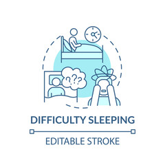 Difficulty sleeping concept icon. Anxiety and depression idea thin line illustration. Stress and insomnia. Lossing sleep. Vector isolated outline RGB color drawing. Editable stroke