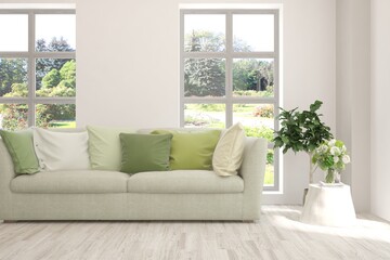 White living room with sofa and summer landscape in window. Scandinavian interior design. 3D illustration