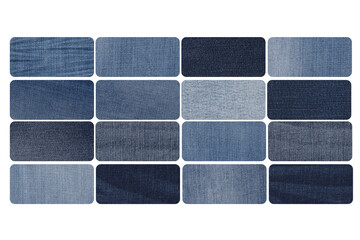 Blue rough denim fabric labels. Classic elements set on white background