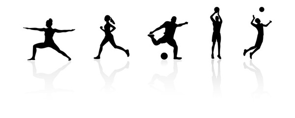 Collection of sports silhouettes. Yoga, basketball, football, volleyball and running.Atheltic people. Vector illustration