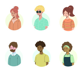 Different modern people portraits set isolated on white background. Young men and women faces avatars. Vector flat characters  illustration.