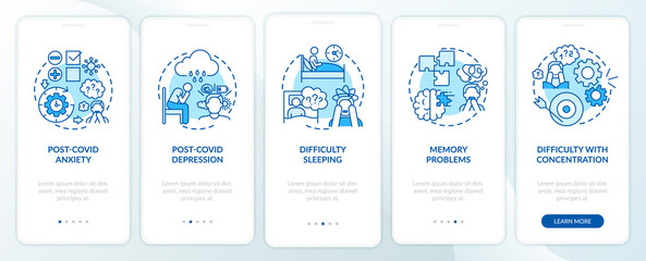 Fototapeta na wymiar Post-covid syndrome and mental health onboarding mobile app page screen with concepts. Anxiety and depression walkthrough 5 steps graphic instructions. UI vector template with RGB color illustrations