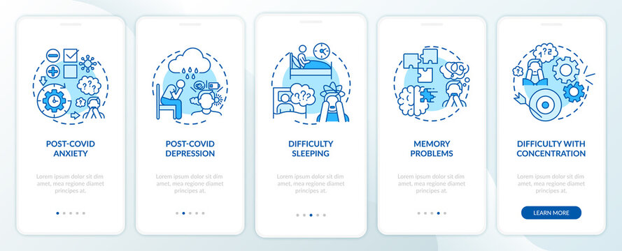 Post-covid Syndrome And Mental Health Onboarding Mobile App Page Screen With Concepts. Anxiety And Depression Walkthrough 5 Steps Graphic Instructions. UI Vector Template With RGB Color Illustrations