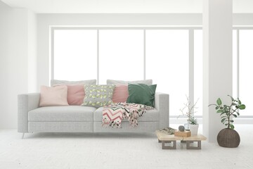 White living room with sofa. Scandinavian interior design. 3D illustration