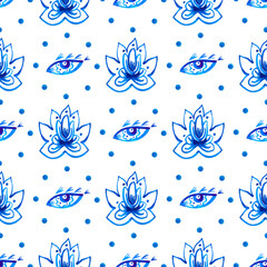 Yoga seamless pattern with lotuses, eyes, circles of dots. Spiritual harmony, meditation. Abstract blue and white background. Decorative watercolor illustration of azure flower. Texture from evil eye