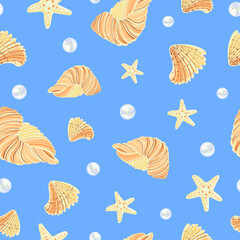 Summer print with blue background. Seashells and pearls in seamless pattern.
