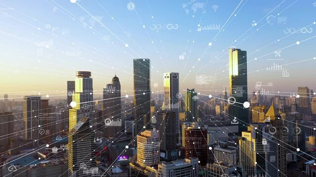 Modern city with wireless network connection concept