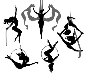 Set with gymnasts on aerial silks, on a ring, on a rope. Simple vector monochrome illustration