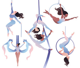 Set with gymnasts on aerial silks, on a ring, on a rope. Simple vector color illustration