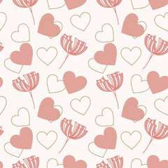 Pink Hearts and four petals flower seamless pattern with white background. Vector illustration