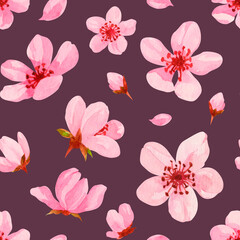 Watercolor cherry flower pattern. Spring floral seamless texture for wrapping paper, textile design, greetings. Pink flower repeating background