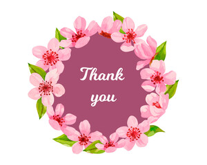 Watercolor thank you postcard with cute lettering in cherry blossom flowers wreath isolated on white