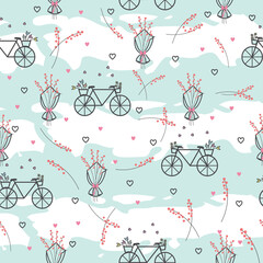 Bicycles and pink flower stems and bouquet seamless repeating pattern with sky blue and white abstract background. Vector illustration