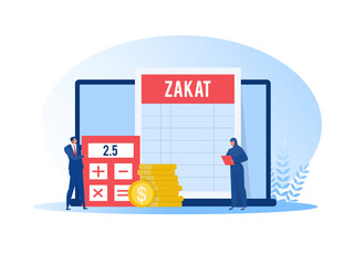 muslim woman and man pay zakat from profit on ramadan kareem vector illustrator.