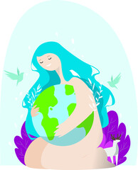 International Mother Earth Day. Protects earth, holds in hands. Cartoon vector illustration for nature concept. Trendy flat graphic design with mother earth for poster, card, sticker, web sites. 