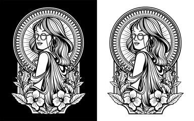 Fototapeta na wymiar Vector image of woman with glasses in black and white