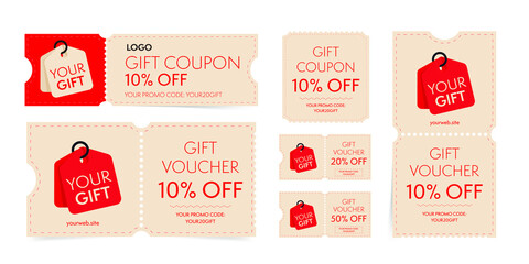 Gift coupon and voucher with promo code on discount set. Vintage tear-off shopping ticket, gift card with sale special offer to buy or purchase vector illustration isolated on white background - obrazy, fototapety, plakaty