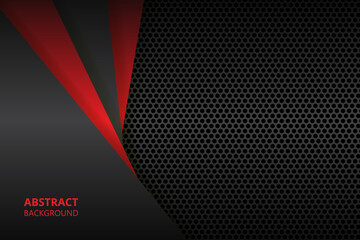 Black and red abstract background with carbon fiber and geometric shapes. Black carbon textured pattern. Red and black geometric shapes on a carbon grid.
