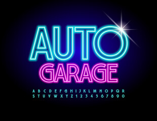 Vector glowing sign Auto Garage. Electric light Font. Blue Neon Alphabet Letters and Numbers.