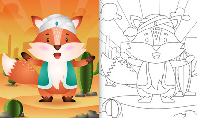 coloring book for kids themed ramadan with a cute fox using arabic traditional costume