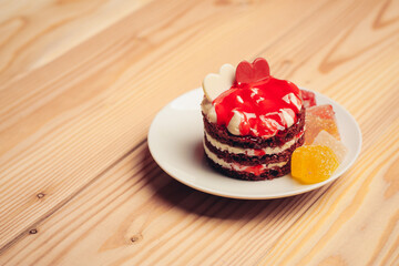 red cake street sweets marmalade tea cup wooden table dessert
