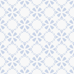 Floral geometric ornament. Vector seamless pattern with flower silhouettes, diamonds, grid, lattice. Subtle abstract light blue and white ornamental background texture. Repeat design for decor, print